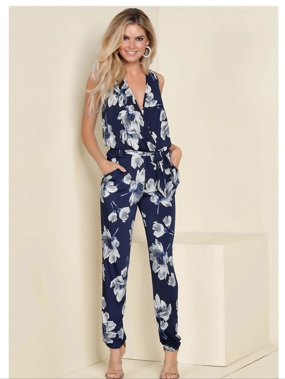 VENUS Navy Floral Sleeveless V-Neck Jumpsuit